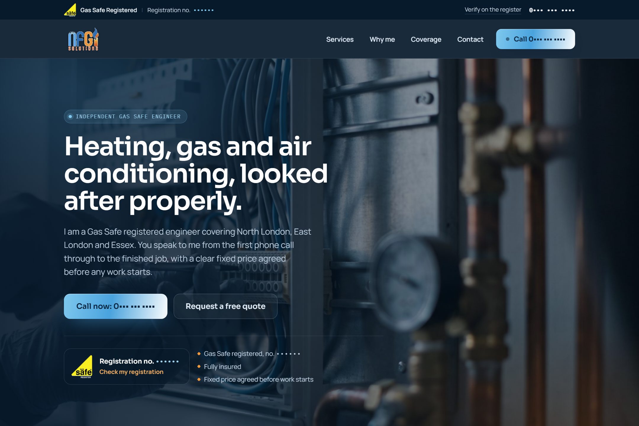The site after the rebuild: a dark navy layout with a photographic hero filling the frame, one clear headline and a prominent call button.
