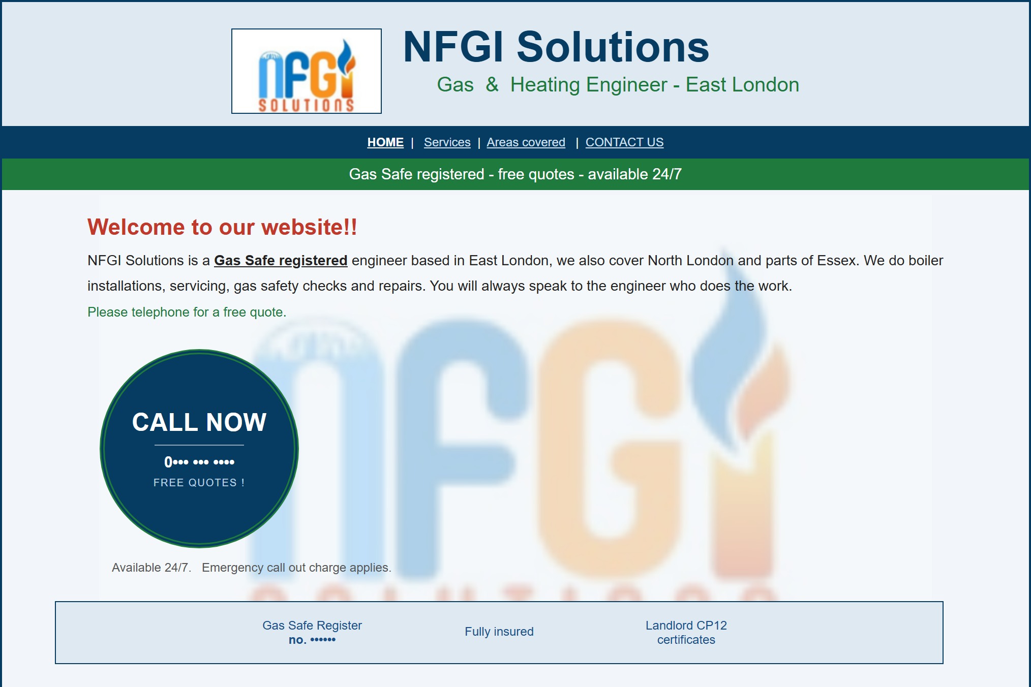 The site before the rebuild: a bright brochure page laid out like a table, with stacked headings and no clear call to action.
